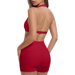 image:imageSUUKSESS Women 2 Piece Workout Sets With Pockets Padded Sports Bra High Waisted Shorts04 Red