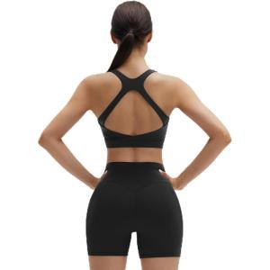 image:imageSUUKSESS Womens Workout Set High Impact Fitness Gym Backless Bra Yoga Crop Tank High Waisted Bike Short with PocketsBlack