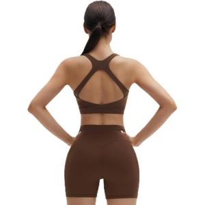 image:imageSUUKSESS Womens Workout Set High Impact Fitness Gym Backless Bra Yoga Crop Tank High Waisted Bike Short with PocketsDark Brown