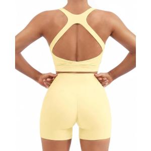 image:imageSUUKSESS Womens Workout Set High Impact Fitness Gym Backless Bra Yoga Crop Tank High Waisted Bike Short with PocketsPale Yellow