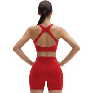 image:imageSUUKSESS Womens Workout Set High Impact Fitness Gym Backless Bra Yoga Crop Tank High Waisted Bike Short with PocketsRed