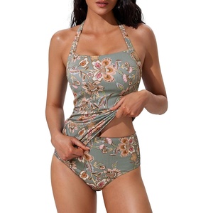 image:imageSUUKSESS Women Halter Tankini Swimsuits Tummy Control Two Piece Bathing SuitsGreen Floral