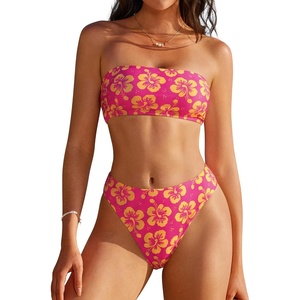 image:imageSUUKSESS Women Sexy High Waisted Bikini Set Cheeky 2 Piece Bandeau Bathing Suit205 Pink Yellow Floral