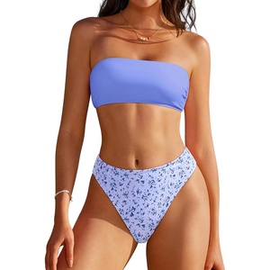 image:imageSUUKSESS Women Sexy High Waisted Bikini Set Cheeky 2 Piece Bandeau Bathing Suit205 Sky Blue Floral