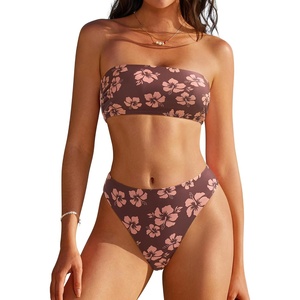 image:imageSUUKSESS Women Sexy High Waisted Bikini Set Cheeky 2 Piece Bandeau Bathing Suit205 Wine Red Floral