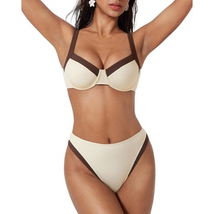 image:imageSUUKSESS Women Color Block Underwire Bikini Sets Cheeky High Cut 2 Piece Swimsuit01 Beige Brown