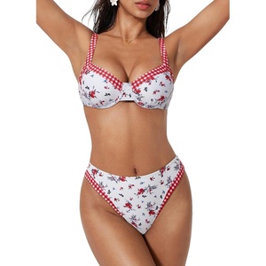 image:imageSUUKSESS Women Color Block Underwire Bikini Sets Cheeky High Cut 2 Piece SwimsuitRed Flora
