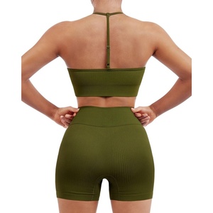 image:imageSUUKSESS Women Y Back Sports Bra Crossover Biker Shorts Seamless Ribbed Workout Set