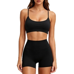 image:imageSUUKSESS Workout Sets for Women Y Back Sports Top Padded Racerback Yoga Crop Tank High Waisted Bike Short with PocketsBlack