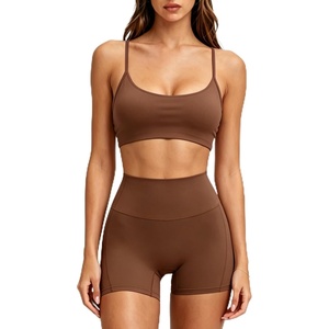 image:imageSUUKSESS Workout Sets for Women Y Back Sports Top Padded Racerback Yoga Crop Tank High Waisted Bike Short with PocketsDark Brown