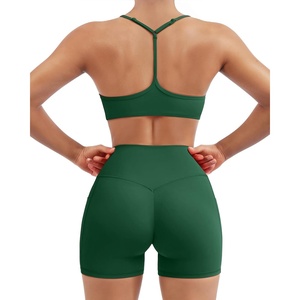 image:imageSUUKSESS Workout Sets for Women Y Back Sports Top Padded Racerback Yoga Crop Tank High Waisted Bike Short with PocketsDark Green