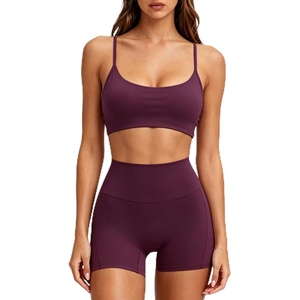 image:imageSUUKSESS Workout Sets for Women Y Back Sports Top Padded Racerback Yoga Crop Tank High Waisted Bike Short with PocketsMaroon