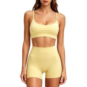image:imageSUUKSESS Workout Sets for Women Y Back Sports Top Padded Racerback Yoga Crop Tank High Waisted Bike Short with PocketsPale Yellow