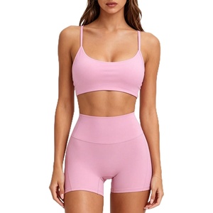 image:imageSUUKSESS Workout Sets for Women Y Back Sports Top Padded Racerback Yoga Crop Tank High Waisted Bike Short with PocketsPink