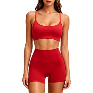 image:imageSUUKSESS Workout Sets for Women Y Back Sports Top Padded Racerback Yoga Crop Tank High Waisted Bike Short with PocketsRed