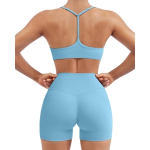 image:imageSUUKSESS Workout Sets for Women Y Back Sports Top Padded Racerback Yoga Crop Tank High Waisted Bike Short with PocketsSky Blue