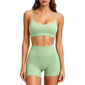 image:imageSUUKSESS Workout Sets for Women Y Back Sports Top Padded Racerback Yoga Crop Tank High Waisted Bike Short with PocketsTender Green