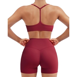 image:imageSUUKSESS Workout Sets for Women Y Back Sports Top Padded Racerback Yoga Crop Tank High Waisted Bike Short with PocketsWine Red