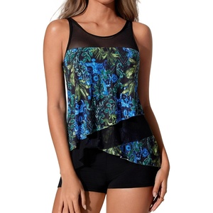 image:imageSUUKSESS Women Ruffle Mesh Tankini Swimsuit Tummy Control Bathing Suit with ShortsBlue Foral Black