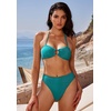image:imageSUUKSESS Women Bandeau O Ring Bikini Sets Tie Back High Waisted 2 Piece SwimsuitShiny Green