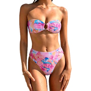 image:imageSUUKSESS Women Bandeau O Ring Bikini Sets Tie Back High Waisted 2 Piece Swimsuit03pink Floral