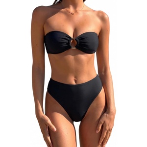 image:imageSUUKSESS Women Bandeau O Ring Bikini Sets Tie Back High Waisted 2 Piece SwimsuitBlack