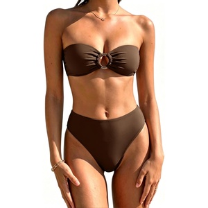 image:imageSUUKSESS Women Bandeau O Ring Bikini Sets Tie Back High Waisted 2 Piece SwimsuitDeep Brown
