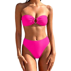 image:imageSUUKSESS Women Bandeau O Ring Bikini Sets Tie Back High Waisted 2 Piece SwimsuitHot Pink