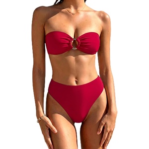 image:imageSUUKSESS Women Bandeau O Ring Bikini Sets Tie Back High Waisted 2 Piece SwimsuitRed