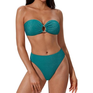image:imageSUUKSESS Women Bandeau O Ring Bikini Sets Tie Back High Waisted 2 Piece SwimsuitShiny Green