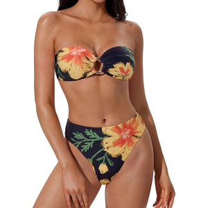 image:imageSUUKSESS Women Bandeau O Ring Bikini Sets Tie Back High Waisted 2 Piece SwimsuitYellow Floral