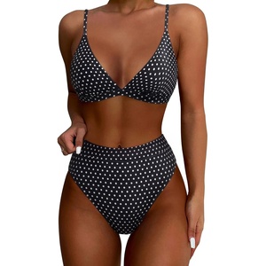 image:imageSUUKSESS Women High Waisted High Cut Bikini Set Sexy Triangle Two Piece Swimsuits127 Black White Polka Dots