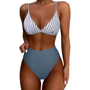 image:imageSUUKSESS Women High Waisted High Cut Bikini Set Sexy Triangle Two Piece Swimsuits127 Black White Striped Blue