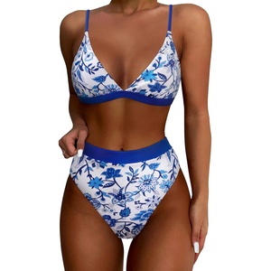image:imageSUUKSESS Women High Waisted High Cut Bikini Set Sexy Triangle Two Piece Swimsuits127 Blue Floral White