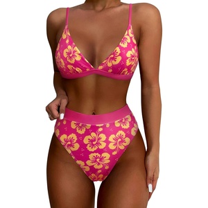 image:imageSUUKSESS Women High Waisted High Cut Bikini Set Sexy Triangle Two Piece Swimsuits127 Pink Yellow Floral