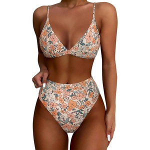 image:imageSUUKSESS Women High Waisted High Cut Bikini Set Sexy Triangle Two Piece Swimsuits127 Yellow Floral