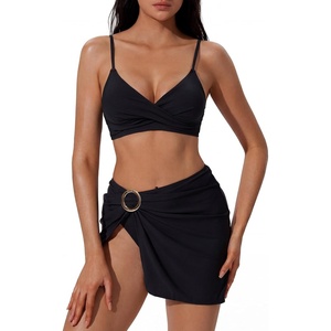image:imageSUUKSESS Women Twist High Waisted Bikini Set Metal Cover Up 3 Piece Swimsuits206 Black
