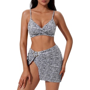 image:imageSUUKSESS Women Twist High Waisted Bikini Set Metal Cover Up 3 Piece Swimsuits206 Black Plaid