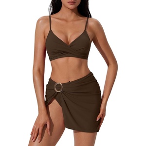 image:imageSUUKSESS Women Twist High Waisted Bikini Set Metal Cover Up 3 Piece Swimsuits206 Deep Brown