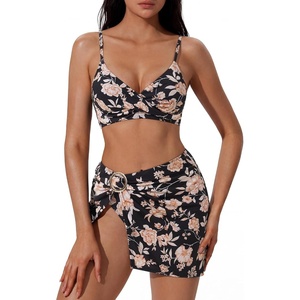 image:imageSUUKSESS Women Twist High Waisted Bikini Set Metal Cover Up 3 Piece Swimsuits206 Vintage Floral Black