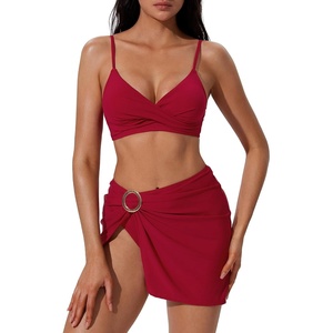 image:imageSUUKSESS Women Twist High Waisted Bikini Set Metal Cover Up 3 Piece Swimsuits206 Wine Red