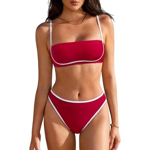 image:imageSUUKSESS Women Bandeau High Waisted Bikini Set Cheeky High Cut 2 Piece Swimsuits198 Red White