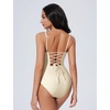 image:imageSUUKSESS Women One Piece Tummy Control Swimsuit Crisscross Backless Bathing SuitBeige White