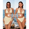 image:imageSUUKSESS Women Sexy Textured Bikini Sets High Waisted 3 Piece Swimsuit with SkirtBeige White