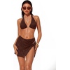 image:imageSUUKSESS Women Sexy Textured Bikini Sets High Waisted 3 Piece Swimsuit with SkirtDeep Brown