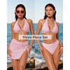 image:imageSUUKSESS Women Sexy Textured Bikini Sets High Waisted 3 Piece Swimsuit with SkirtPink