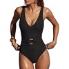 image:imageSUUKSESS Women Retro One Piece Swimsuit Metal Tummy Control V Neck Bathing Suit211 Metallic Black