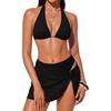 image:imageSUUKSESS Women Sexy Textured Bikini Sets High Waisted 3 Piece Swimsuit with SkirtBlack
