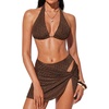 image:imageSUUKSESS Women Sexy Textured Bikini Sets High Waisted 3 Piece Swimsuit with SkirtCoffee