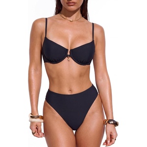 image:imageSUUKSESS Women High Waisted Underwire Bikini Set Cheeky High Cut 2 Piece Swimsuit216 Black